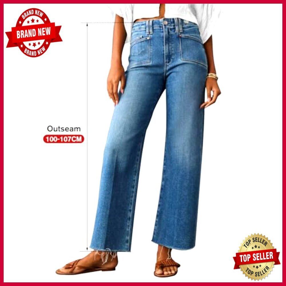 Women's High Waist Wide Leg Stretch Jeans Straight Fit Casual Pants - Picture 2 of 6